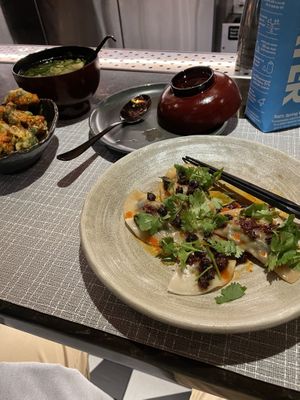 Spinach dumpling, miso soup, bang broccoli !  at Planta Queen in Chicago