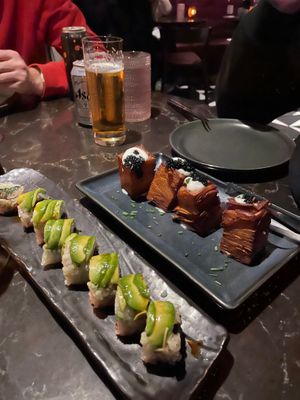 The dragon rolls and 1000 layer crispy potatoes  at Planta Queen in Chicago