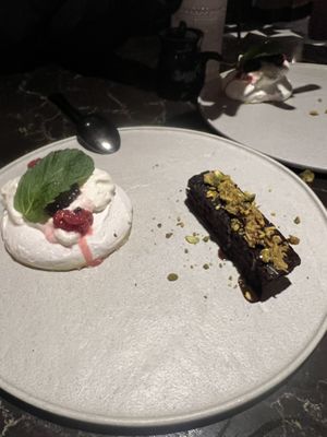 Pavlova and Dubai chocolate bar brownie  at Planta Queen in Chicago