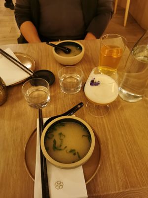Miso soup and cocktail at Bloom Sushi - Quartier des Spectacles in Montreal