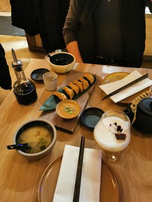Dumplings, miso soup and cocktail at Bloom Sushi - Quartier des Spectacles in Montreal
