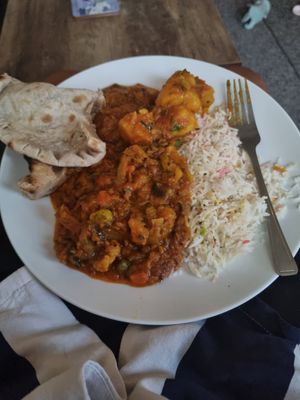 Vegetable Dhansak, Pilau Rice, Bombay Aloo and Tandoori Roti at Northgate Indian Restaurant in Hunstanton