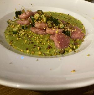 Red turnip gnocchi with courgettes cream  at Veghometro in Rome