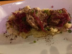 Soy steaks marinated with coconut milk, rosemary and gluten free soy sauce, potatoes cream, basil caviar and sweet and sour onions  at Veghometro in Rome