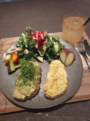 Open sandwich plate: Avocado and vegan scrambled egg, drink: Ginger and cinamon ice drink at Cafe Tarot - カフェタロ in Tokyo