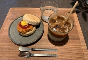 “Sausage”-less muffin and soy latte  at Cafe Tarot - カフェタロ in Tokyo