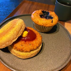 Sausage breakfast muffin and blueberry muffin   at Cafe Tarot - カフェタロ in Tokyo