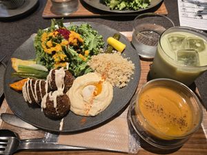 Falafel plate with side soup + iced organic matcha at Cafe Tarot - カフェタロ in Tokyo