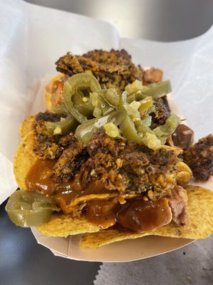 Jackfruit nachos with jerk sauce instead of cheese   at Adina's Vegan Cuisine in St Louis