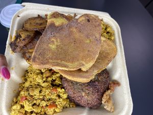 Brunch plate: French toast, potatoes, scrambled tofu, lentil sausage  #Veganuary at Adina's Vegan Cuisine in St Louis