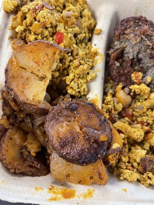 Brunch plate: French toast, potatoes, scrambled tofu, lentil sausage  #Veganuary at Adina's Vegan Cuisine in St Louis