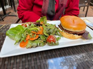 Beyond burger with side salad. Tasty! at Suki's Vegan in Gainesville