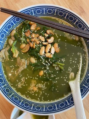 Green Goddess (V) RM25.00 - Organic Local Spinach cooked in Leicha broth & roasted nuts
 at Botanique Vegetarian Private Kitchen in Petaling Jaya