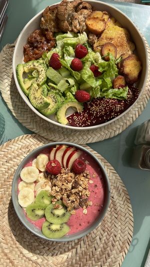 Power Potato (without goat cheese!) and Beetroot Smoothie Bowl   at Pikala Cafe in Marrakech