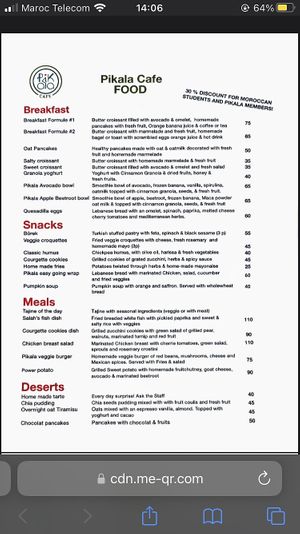 Food menu as of November 2022  at Pikala Cafe in Marrakech