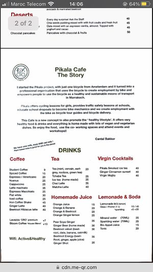 Drink menu as of November 2022  at Pikala Cafe in Marrakech