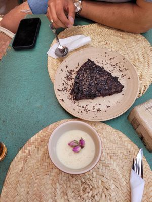 Mouhalabia and sweet potato brownie  at Pikala Cafe in Marrakech