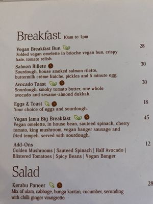 Breakfast menu  at Jama KL in Kuala Lumpur