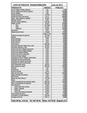 List of Foods available in the Store. Part 2. at Comedor Transformación in Bogota