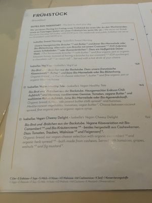 Selection of the menu, with 2 vegan breakfast choices - full menu on website at Isabella Pâtisserie in Munich