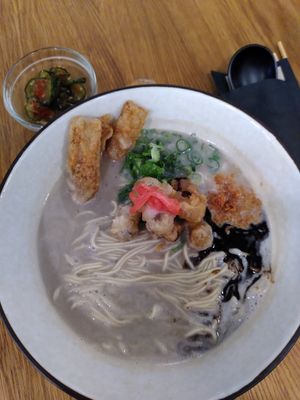 Creamy ramen soup and cucumber salad at RAMEN-ISM & Impossible in Amsterdam
