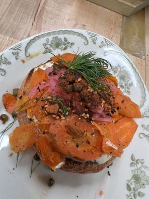 Bagel and “lox” (made from carrots)   at Butcher's Daughter in West Hollywood