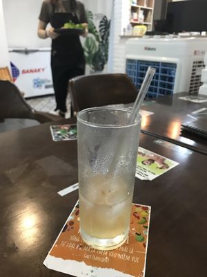 the straw is glass, not plastic  - a big plus for the environment   at Genkan Vegan Cafe in Dong Hoi