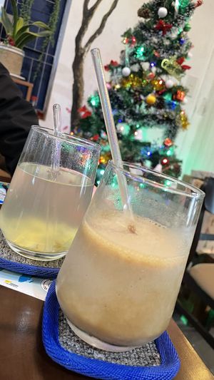 Banana coffee and ginger tea  at Genkan Vegan Cafe in Dong Hoi