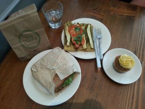 Delicious lunch at Tori's. Coconut bacon BLT, focaccio, and lemon cupcake. at Tori's Bakeshop - The Beach in Toronto