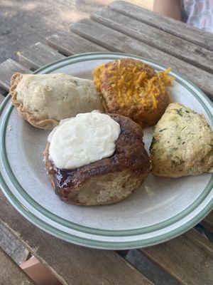 Cinnamon bun and savory things   at Tori's Bakeshop - The Beach in Toronto