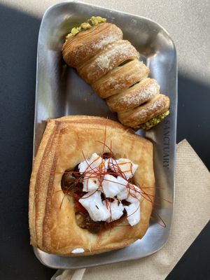 Pistachio pastry and Danese with vegan feta and olives  at The Sanctuary in Berlin