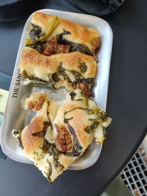Focaccia with sausage at The Sanctuary in Berlin