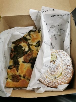 Focaccia with Salsiccia and brokkoli (greens) and pistacchio pastr at The Sanctuary in Berlin