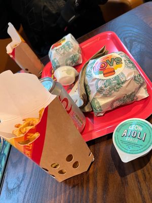 Love burger, waffle fries and vegan alioli  at LEON in Dartford