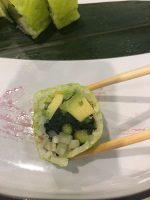 Vegan sushi with avocado spinach asparagus cucumber taste amazing :) at Bodhi Village in Flushing