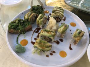 Imari roll with seaweed salad and dragon roll   at Bodhi Village in Flushing