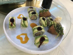 Imari roll with seaweed salad and dragon roll   at Bodhi Village in Flushing
