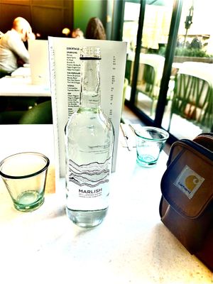 Beautiful Marlish spring water served with really nice glasses to drink/hydrate from   at Stem & Glory - Broadgate in London