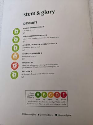 Dessert menu at Stem & Glory - Broadgate in London