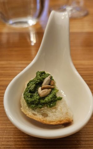 Wild garlic pesto on bread at Schlicht Vegan in Vienna