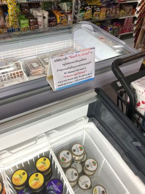 Vegan ice creams and a warning sign to not pet the resident cat, Cherry! at Bang Rak Minimart in Koh Samui