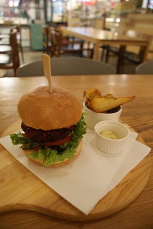 Beet burger with vegan mayo. at Real Food - The Central in Central Singapore