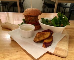 Lentil (quinoa) coquette burger + salad & wedges at Real Food - The Central in Central Singapore