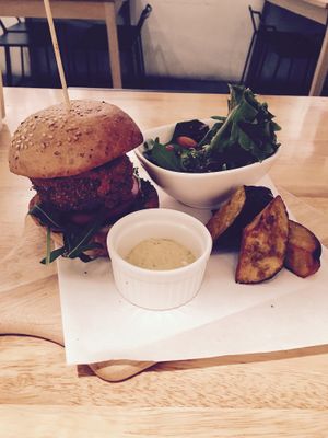 Lentil (quinoa) coquette burger + salad & wedges (delicious vegan mayo!) at Real Food - The Central in Central Singapore