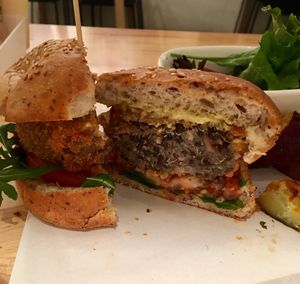 Dissected lentil (quinoa) coquette burger. Yum! at Real Food - The Central in Central Singapore