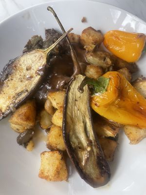 Oyster mushroom hash with roasted eggplant and vegan black garlic aioli   at Finch & Pine in Seattle