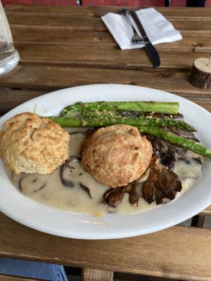 Biscuits and gravy with big mushrooms   at Finch & Pine in Seattle
