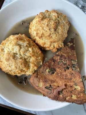 Biscuits and gravy with chickpea frittata (can sub instead of eggs)  at Finch & Pine in Seattle