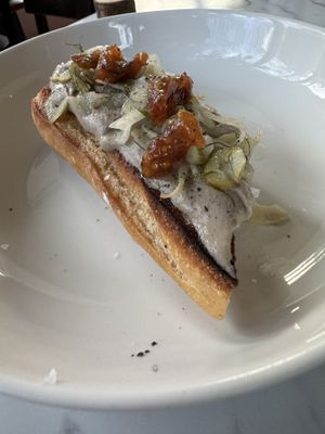 Mushroom pâté tartine with pickled fennel —yum!  at Finch & Pine in Seattle