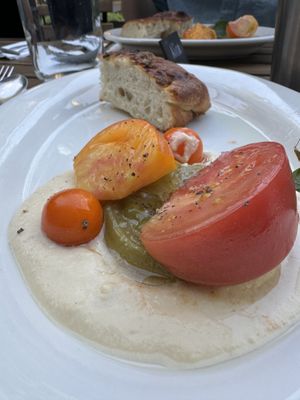Tomato, hummus, focaccia   at Finch & Pine in Seattle